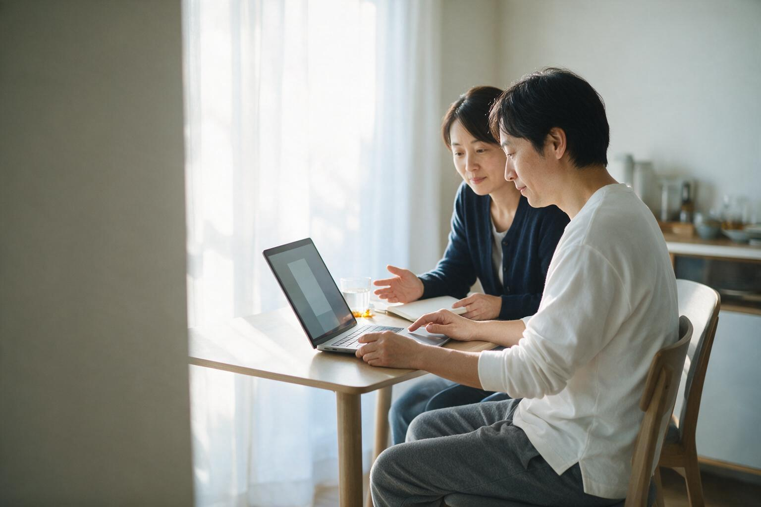 患者与家属在家中通过电脑了解线上服务信息